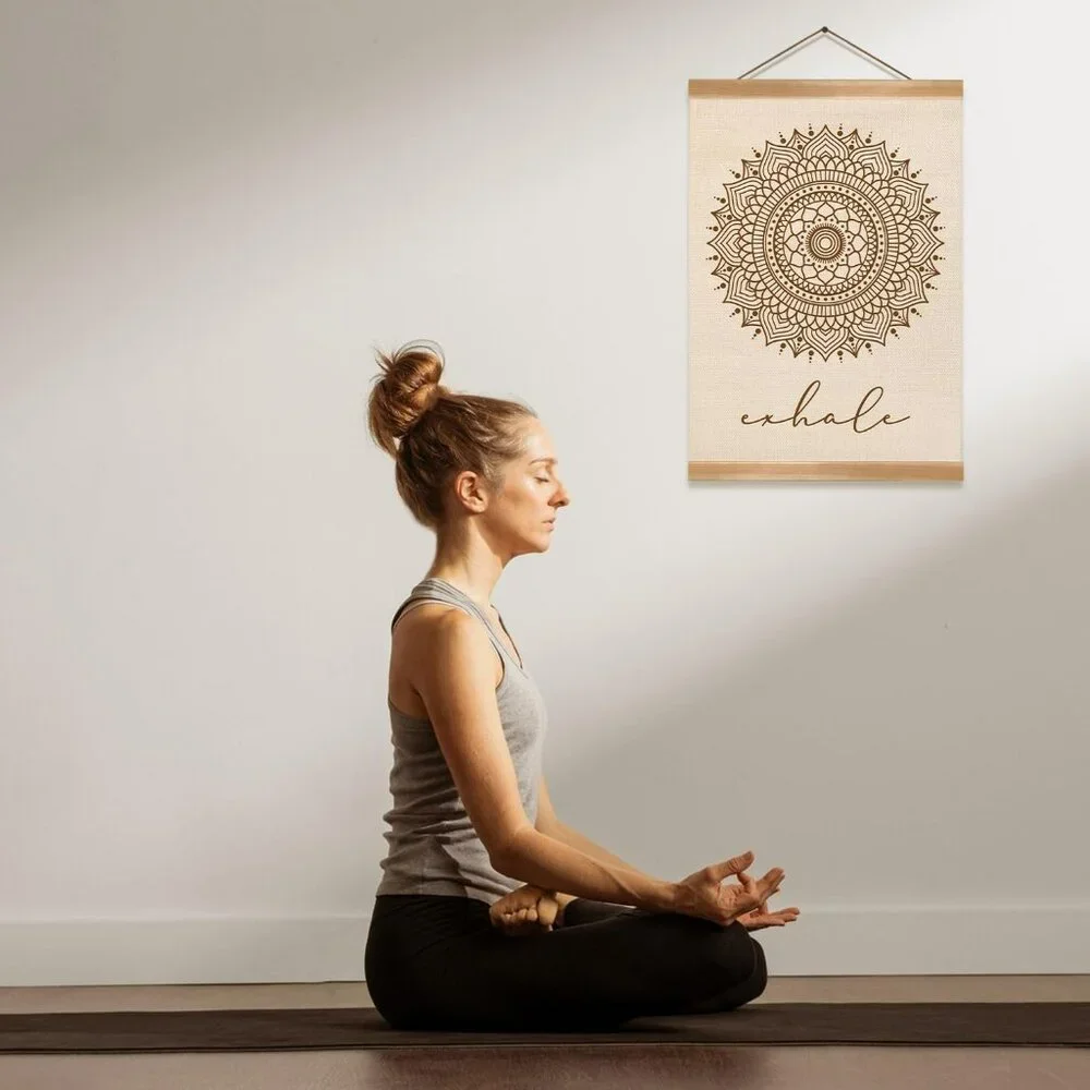Boho Exhale Wall Hanging Bohemian Canvas and Teak Wood Farmhouse Calming Zen